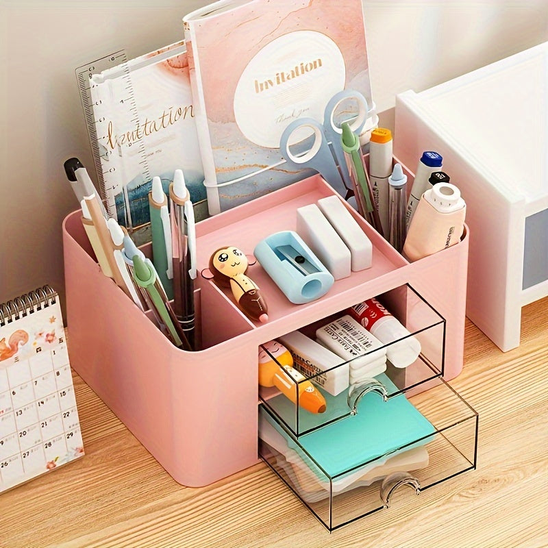 1pc Multi-Functional Plastic 5 Compartments Desk Organizer with 2 Drawers - Office Supply Caddy, Portable Desktop Storage for Stationery, Pens, Pencils, Art Supplies