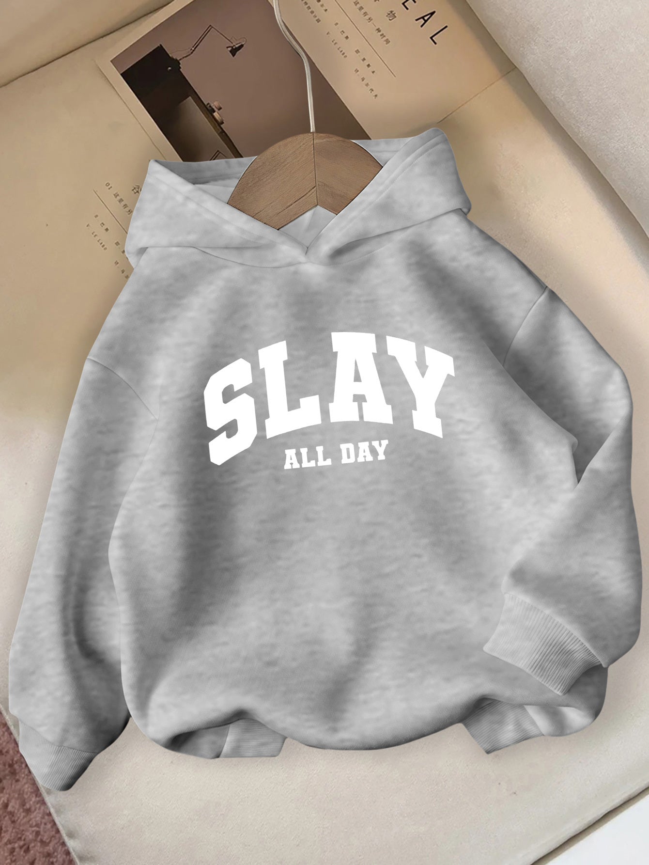 Girls' Pink "SLAY ALL DAY" Hooded Sweatshirt - Casual Long Sleeve Winter Pullover with Bold White Lettering, Regular Fit for Autumn & Winter, Winter Clothes for Girls, Comfortable Fit