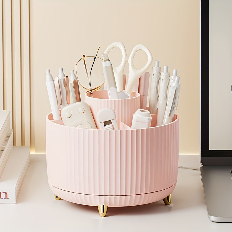 Round Multi-Compartment Rotating Pen Holder - Plastic Desk Organizer for Office Supplies and Cosmetics