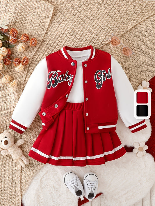 Girls' American Style Patchwork Baseball Jacket & Preppy Pleated Skirt Set, Long Sleeve Crew Neck with Alphabet Applique, Knee-Length Regular Fit for Fall/Winter, Perfect for Outdoor