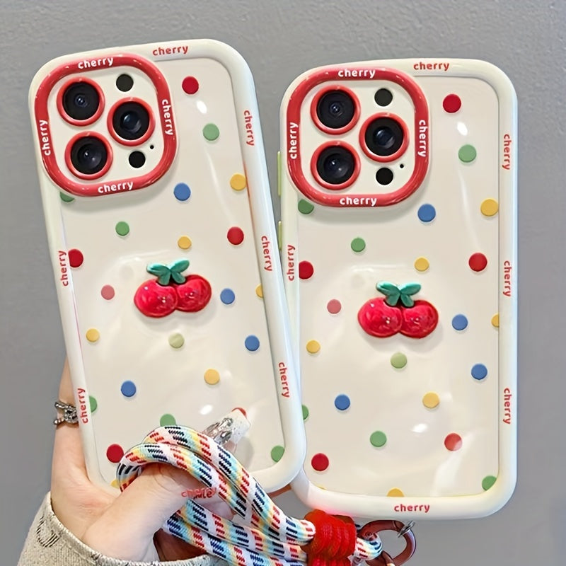 Cream shell painted cherry doll with colorful polka dot phone case with hanging rope for iPhone 11 12 13 14 15 16 promax