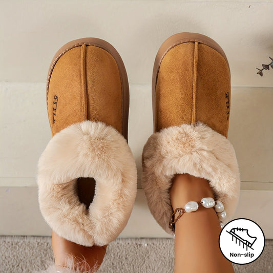 Cozy Winter Plush Slipper Boots for Women - Soft, Warm, Non-Slip Sole with Thick Heel, Solid Color Indoor Comfort Shoes