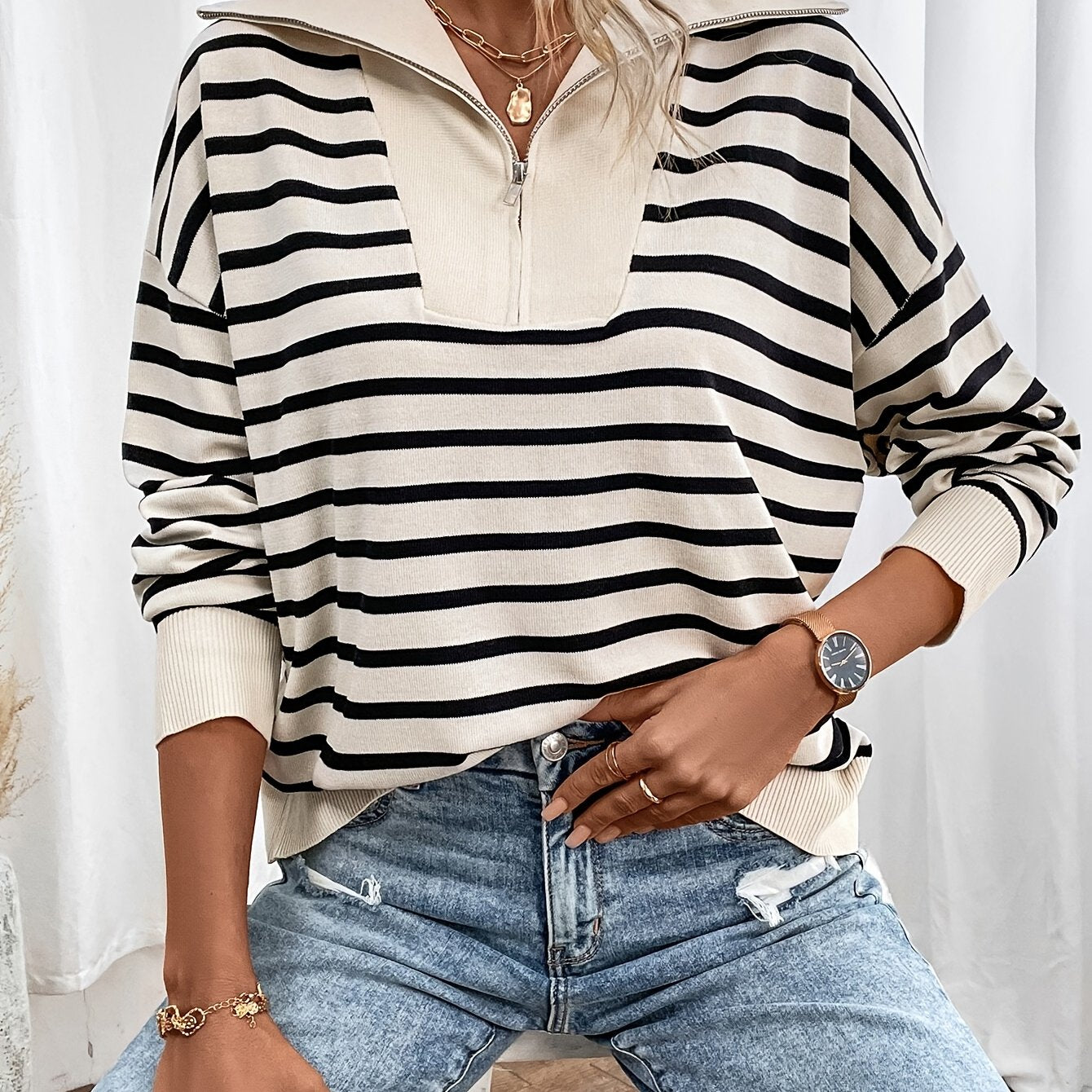 Long Sleeve Stripe Zip Up Collared Elegant Sweater for Fall & Winter, Women's Clothing, Drop Shoulder