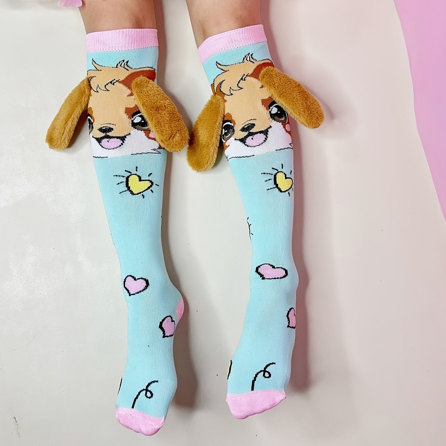 1 Pair Cute Cartoon Dog Ear Knee Socks for Girls - Soft Polyester & Spandex Blend, All-Season Comfort, Perfect Gift for Family & Friends, Decorative School & Party Socks, Dog Socks