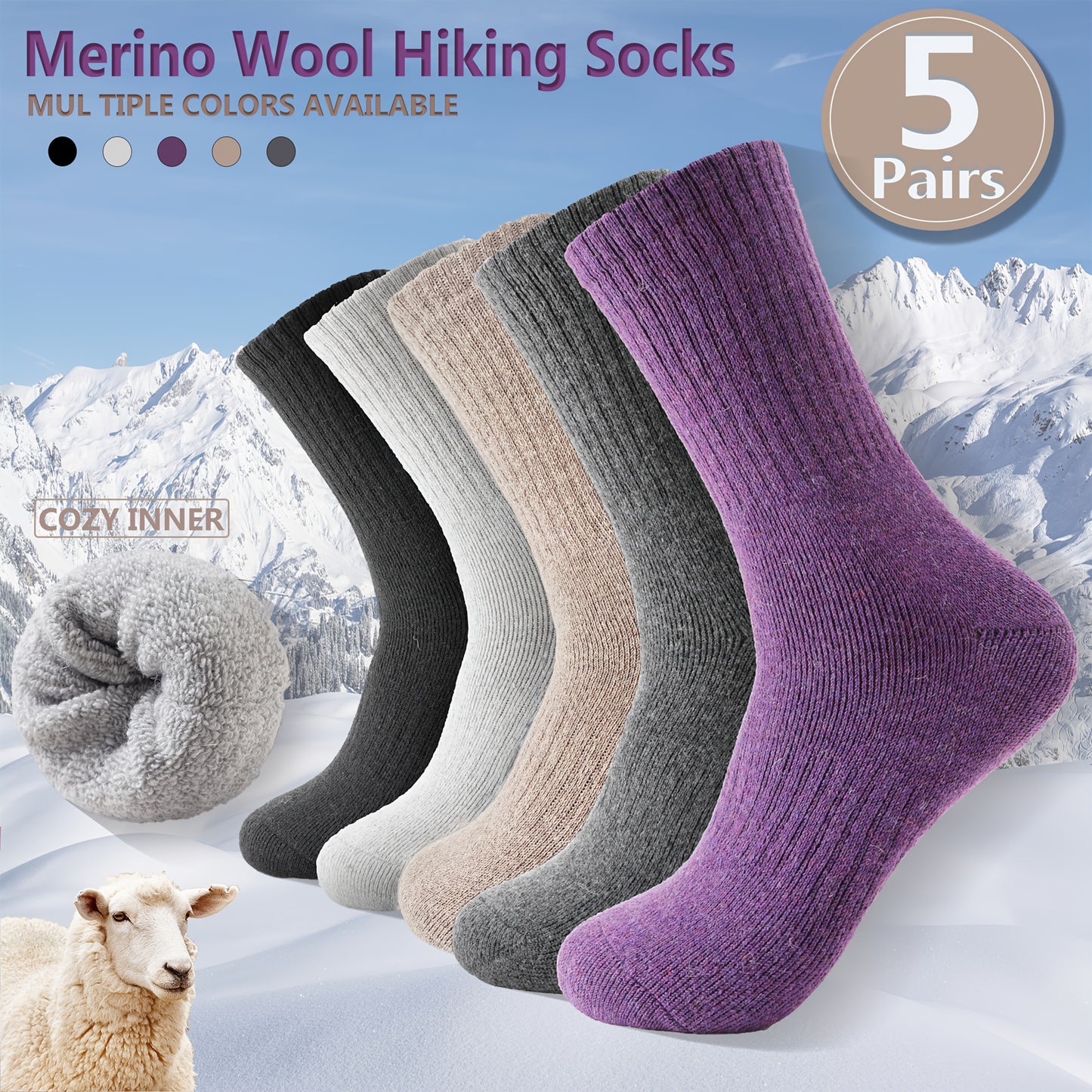 5 Pairs Merino Wool Hiking Socks, Thermal Warm Winter Thick Cushion Moisture Wicking Crew Boot Socks for Women, Perfect for Cold Weather, Winter Warm Essentials