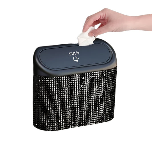 Artificial rhinestone inlaid car trash can, car interior hanging storage bin automatic lid trash can bag multi-functional mother car accessories