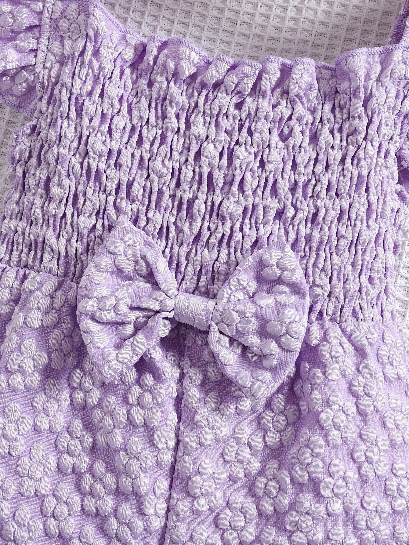 Summer Floral Print Girl'S Romper with Puff Sleeves & Bow Detail - Light Purple Ruffled Hem, Breathable Shorts for 0-3 Years, Cute Outfit for Warm Weather, Toddler Girl Outfit, Playful Little One'S Wear, Soft Texture Fabric, for Outdoor