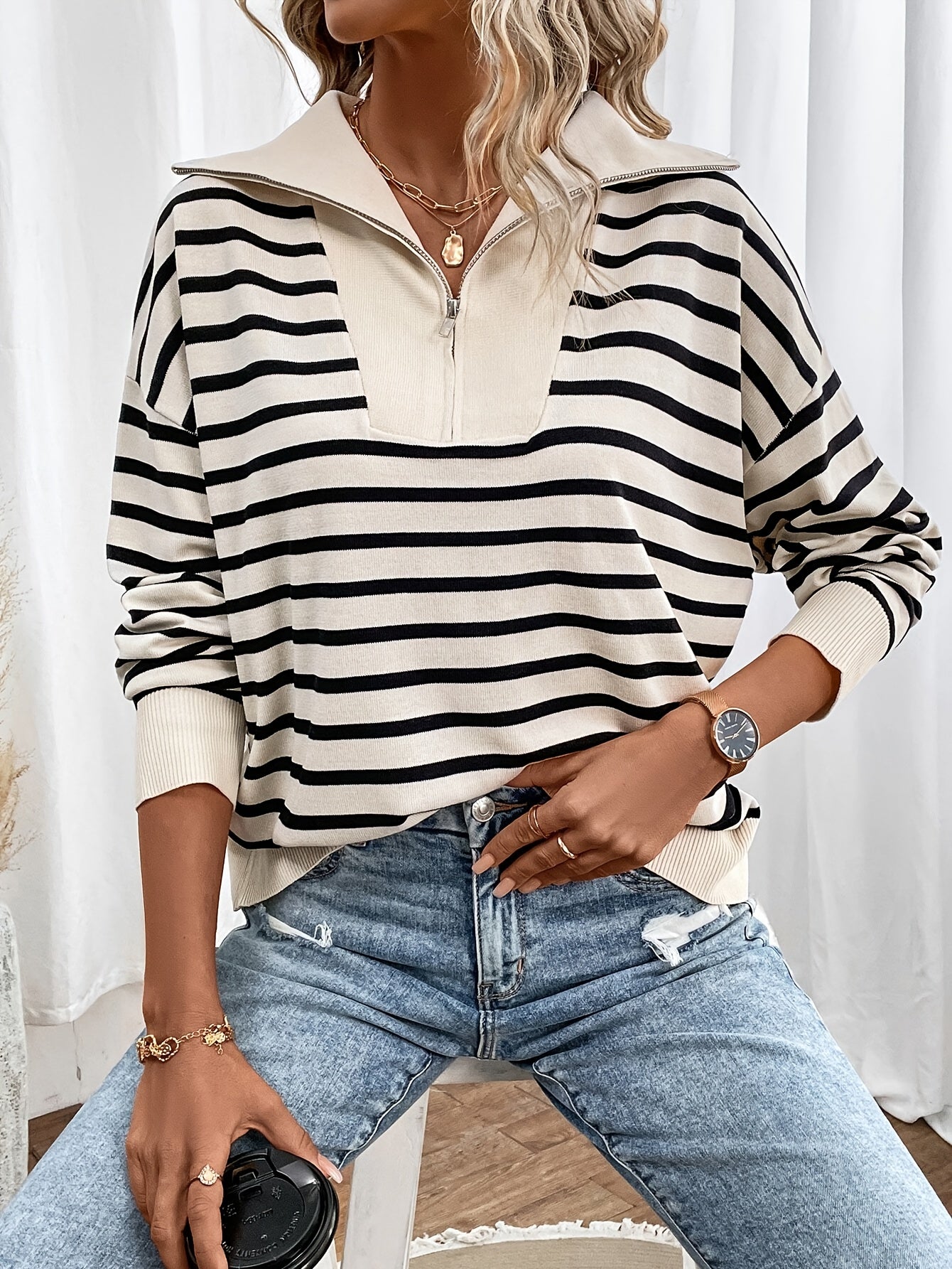 Long Sleeve Stripe Zip Up Collared Elegant Sweater for Fall & Winter, Women's Clothing, Drop Shoulder