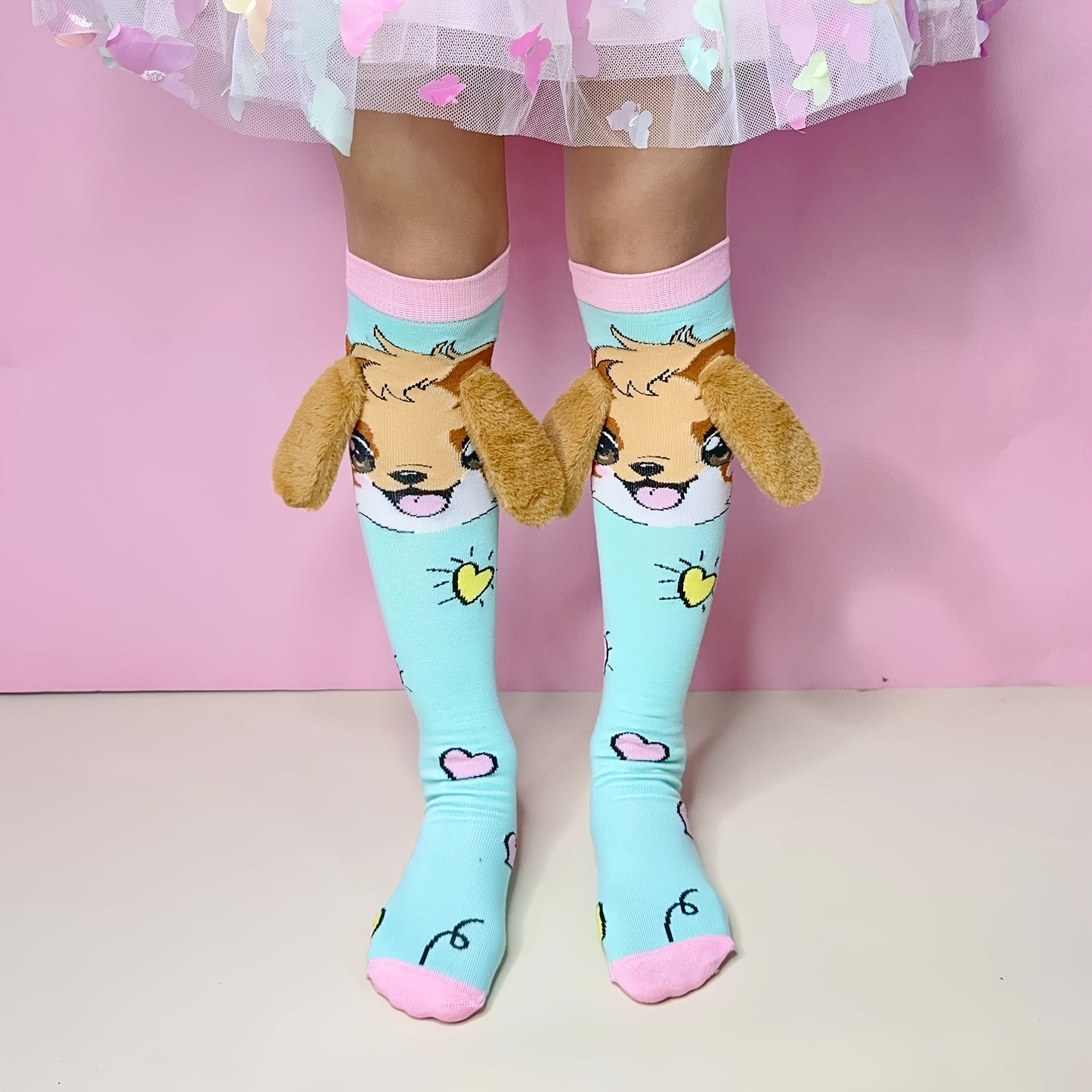 1 Pair Cute Cartoon Dog Ear Knee Socks for Girls - Soft Polyester & Spandex Blend, All-Season Comfort, Perfect Gift for Family & Friends, Decorative School & Party Socks, Dog Socks