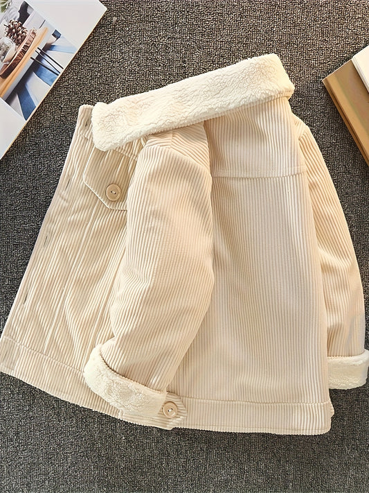 Boys Corduroy Fleece Jacket, Thick Button Front Coat, Boy's Clothes For Spring Fall Outdoor