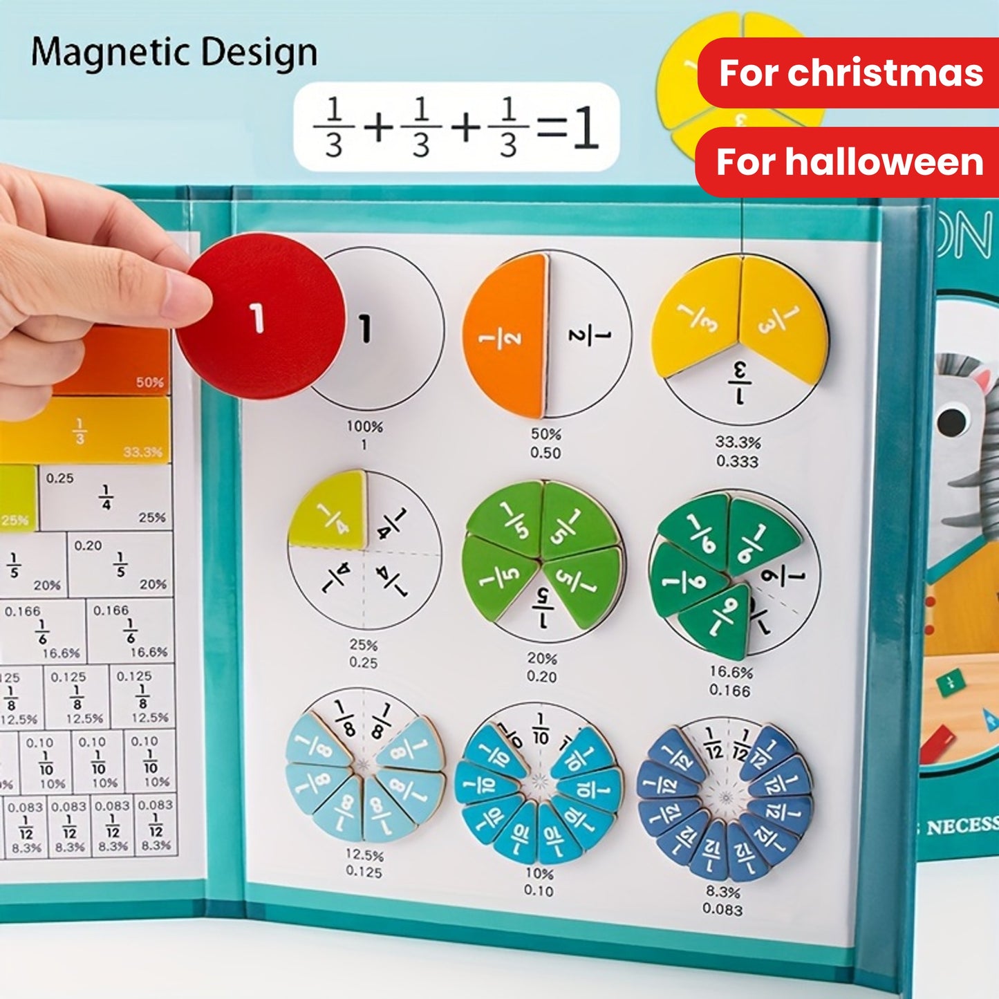 Children Magnetic Fraction Learning Math Toys Wooden Fraction Book Set Teaching Aids Arithmetic Learning Educational Toys Christmas Halloween Gift