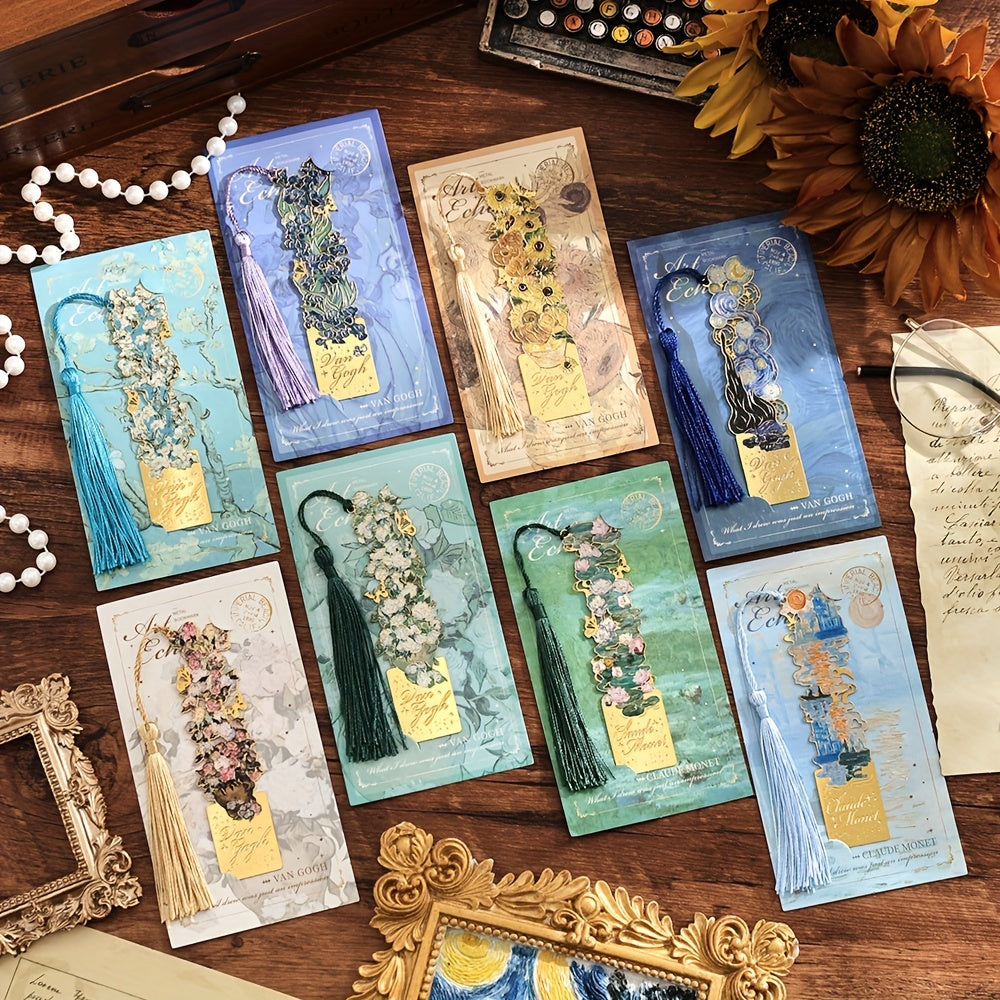 8pcs Metal Vintage Artistic Bookmarks with Long Tassels, Retro Hollow Design for Book Lovers, Students & Office Use