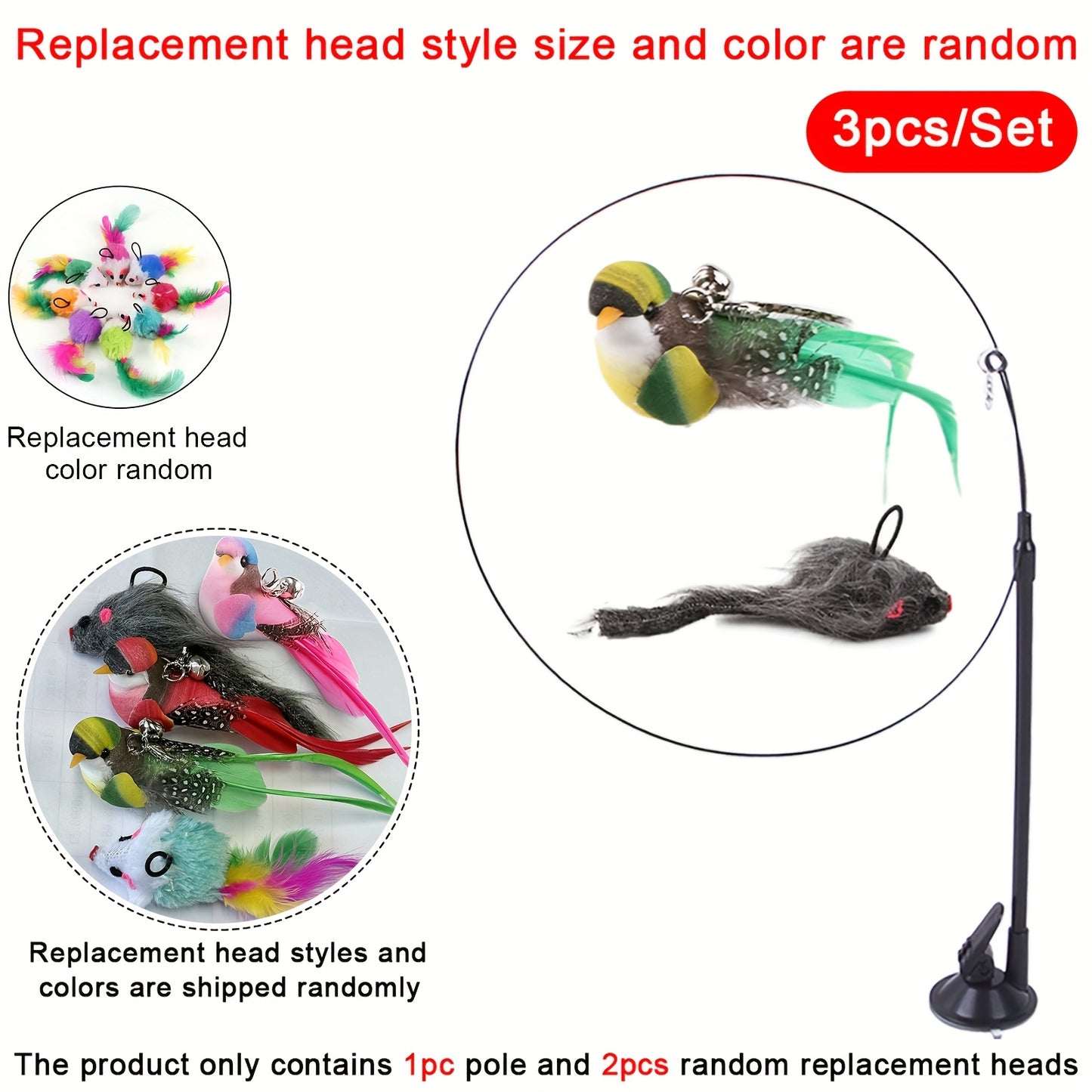 3pcs Cat Toy Stick Set with Simulated Bird and Mouse, Hands-Free Bird Cat Stick Long Pole Dual Rod with Bell Strong Suction Cup Interactive Cat Toy for Kittens Hunting Pet Supplies Accessories Handmade Toy Suitable as a Birthday Gift for Cats Faux Feather