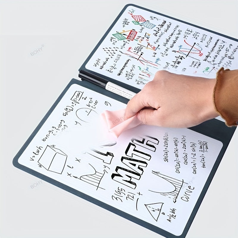 A5 Reusable Whiteboard Notebook with Faux Leather Cover - Portable Weekly Planner, Math Formulae & Illustrations Erase Cleanly, Includes Pen & Cloth, Ideal for Office & School, Notebooks for School