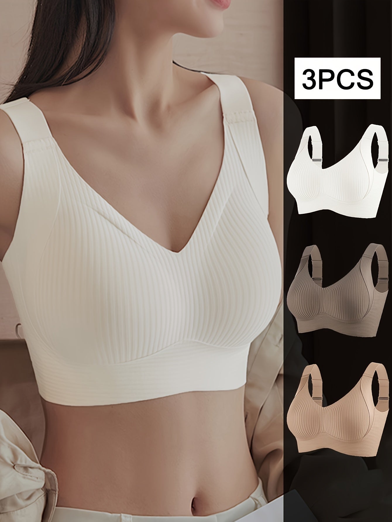 3pcs Women's Push-Up Bras Anti-Sagging Adjustable Comfort Seamless High Support Wire-Free with Removable Pads & Side Smoothing Striped Design - Breathable Soft Fabric for Casual Attire (Light Beige/White/Black), Comfortable Lingerie, Stylish Lingerie, Smo