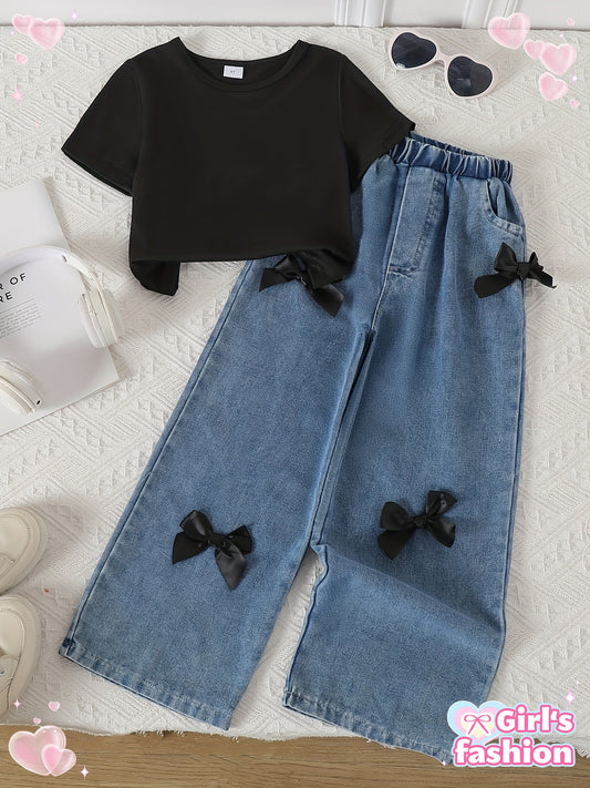 Girls' Pink Bow-Tie Denim Outfit - Short Sleeve T-Shirt & High-Waisted Pants with Adjustable Drawstring Waist, Soft Non-Stretch Fabric, Casual Spring Summer Fall Playwear, Denim Shorts for Girls, Spring Summer Clothing, Playful Design, Soft Fabric, Perfec