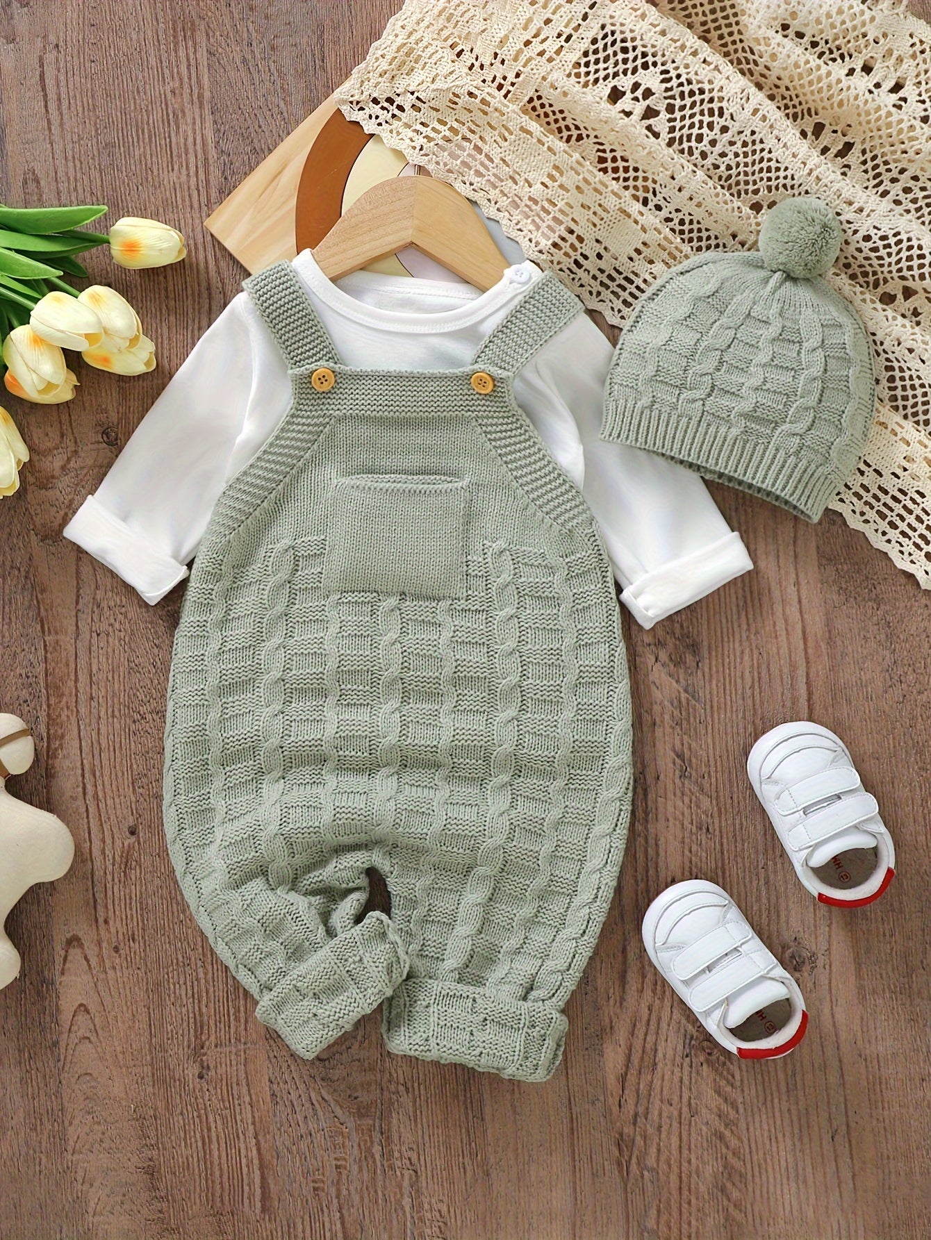 DOVFANNY 2pcs Baby Outfit Set, Acrylic Knit Crew Neck Jumpsuit with Leggings and Matching Hat, Casual Solid Color, Slight Stretch, Sleeveless, Regular Fit for Fall/Winter, for Outdoor