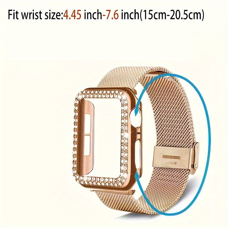 Dial Milan + Diamond Shell Golden Black Rose Golden Breathable Stainless Steel Braided Mesh Metal Strap Adjustable Suitable for iWatch series se s9 8 7 6 5 4 3 2 1 Series 2pcs Combination High-end Luxury Anti-collision Anti-scratch PC Hard Material Inlaid