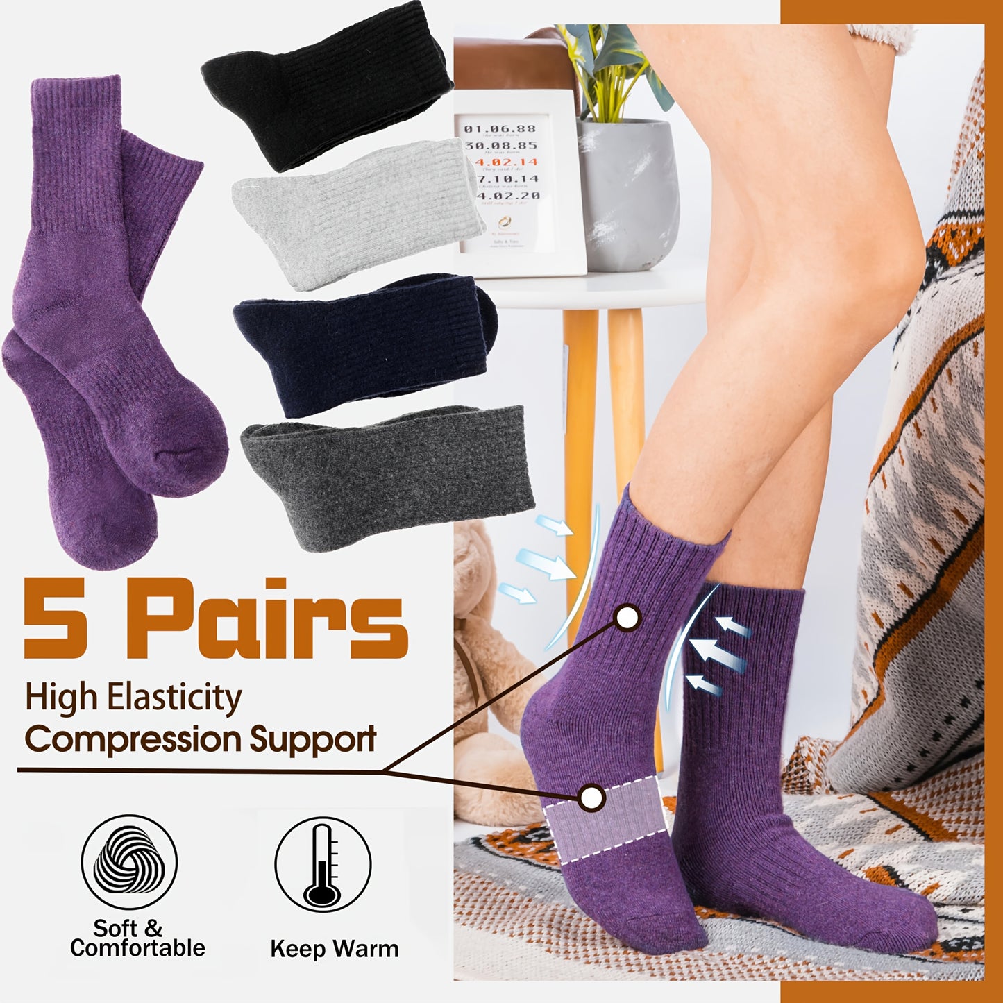 5 Pairs Merino Wool Hiking Socks, Thermal Warm Winter Thick Cushion Moisture Wicking Crew Boot Socks for Women, Perfect for Cold Weather, Winter Warm Essentials