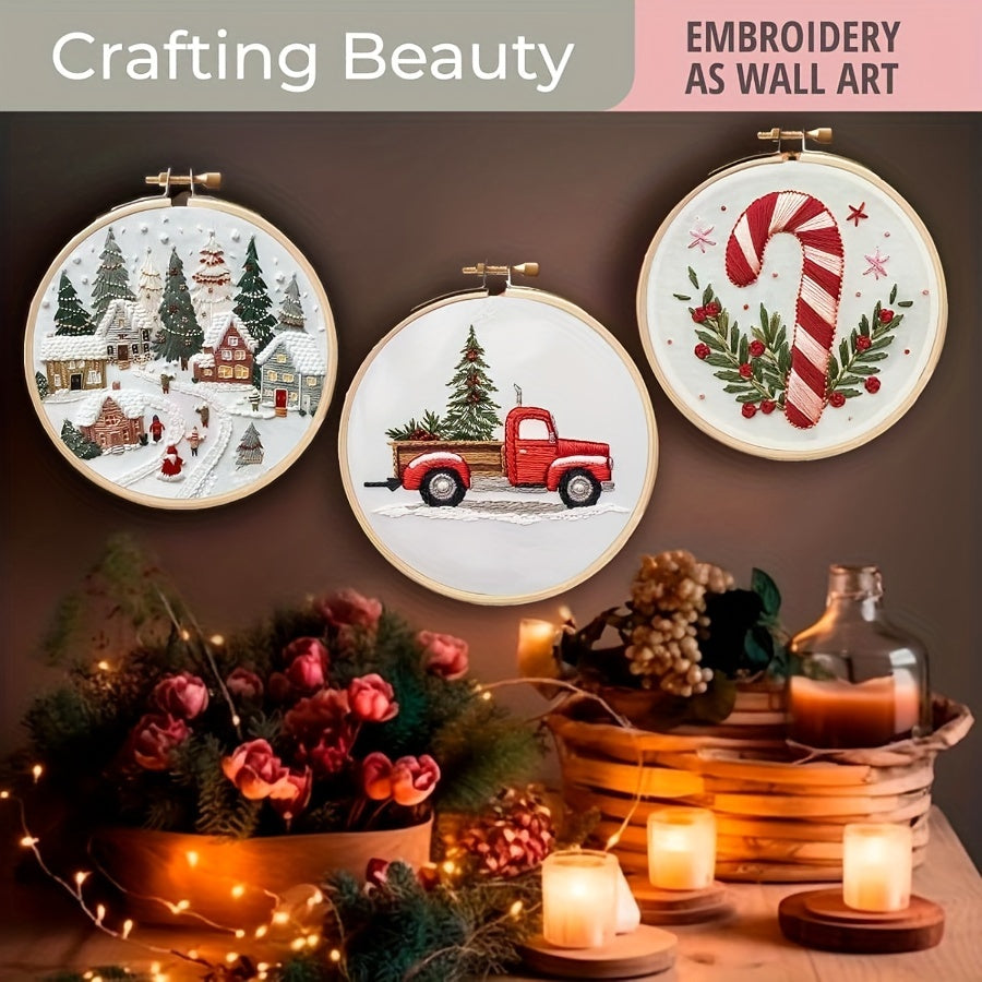 1pc Christmas Hand Embroidery Kit for Beginners, DIY Crafting Material Pack, Mixed Colors, Fabric, Seasonal All Year Round, Artwork, Sewing Supplies, Embroidery Supplies, Embroidery Hoop Kit