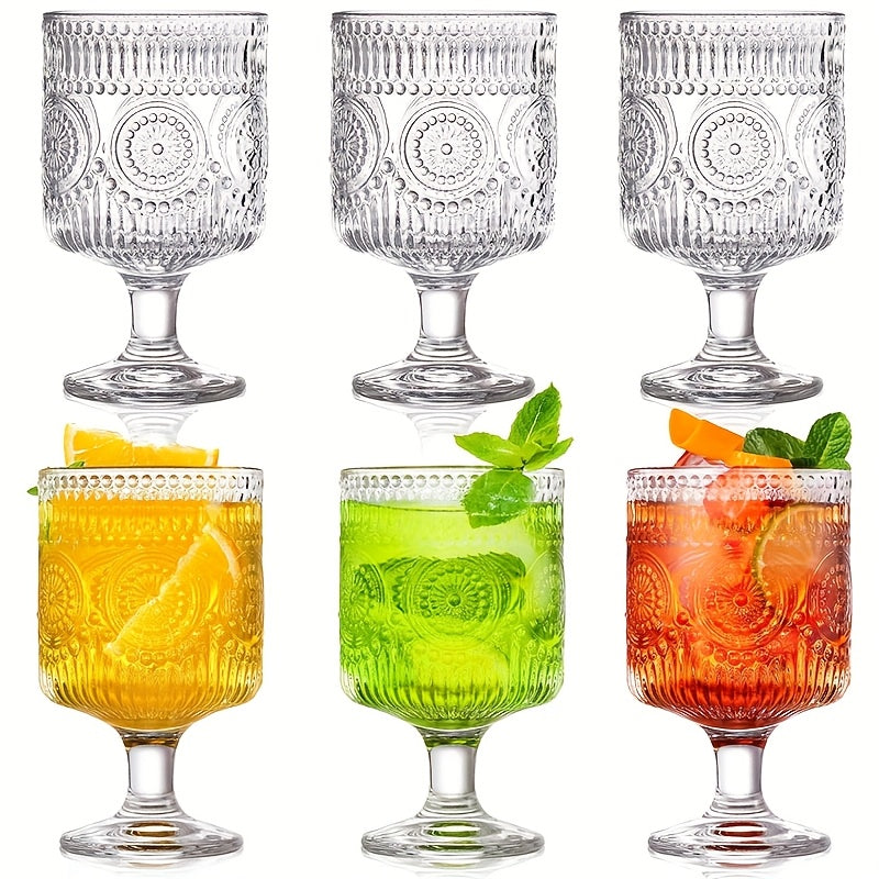 Set of 6/8pcs, Vintage 8 Oz Glasses, Floral Relief Wine Glasses, Transparent Glass Drinkware Set, Drinking Glasses, Bar Glassware for Iced Tea, Wine, Beer, Juice, Cocktail, Whisky