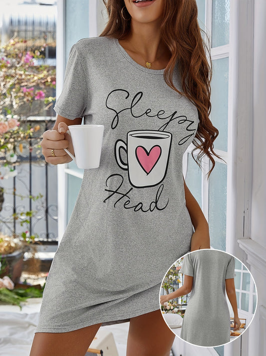 Cozy Printed Nightdress - Soft Short Sleeve Crew Neck Pajama Dress for Womens Comfortable Sleepwear and Lounging - Stylish Womens Dresses for a Relaxing Night In