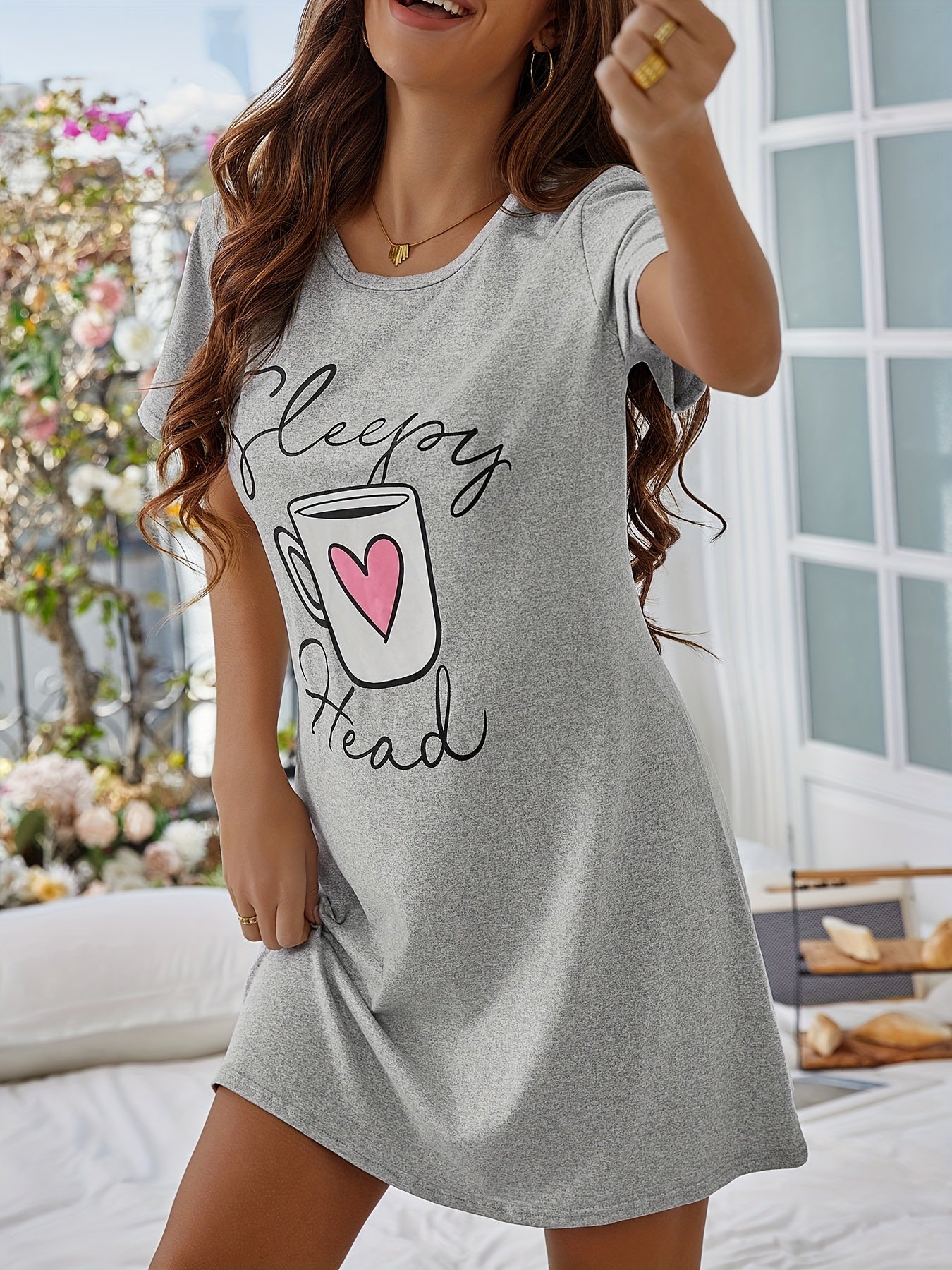 Cozy Printed Nightdress - Soft Short Sleeve Crew Neck Pajama Dress for Womens Comfortable Sleepwear and Lounging - Stylish Womens Dresses for a Relaxing Night In