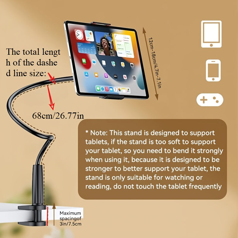 Adjustable Bedside Phone & Tablet Holder - 360° Rotating, Secure Clamp, Flexible Gooseneck Arm, Wall-Mountable, ABS Material, 1pc