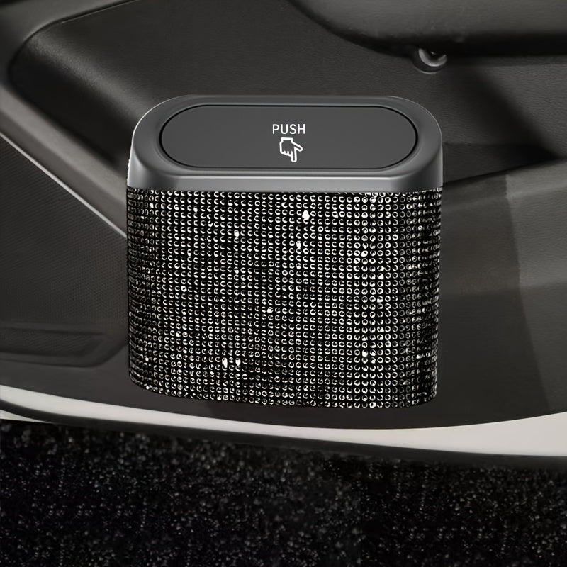 Artificial rhinestone inlaid car trash can, car interior hanging storage bin automatic lid trash can bag multi-functional mother car accessories