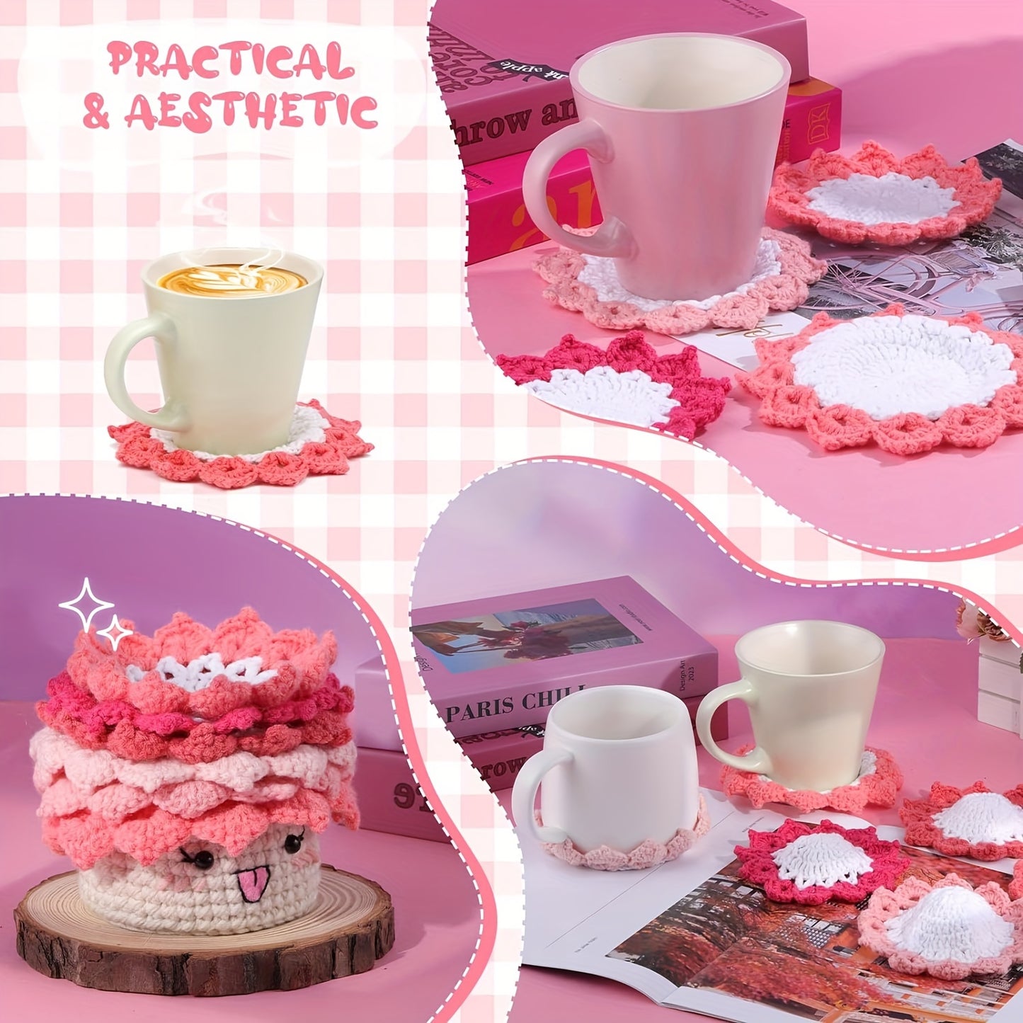 Crochet Set for Making Coasters Shaped Like Potted Plants, Complete with Video Guides And Crochet Hooks for Grown-Ups.