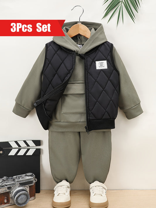 3pcs Baby Boy's Solid Color Warm Vest + Long Sleeve Hoodie + Pants Outdoor Set For Autumn And Winter, Casual Comfy Wear For Infant Boys, Outdoor Cloth