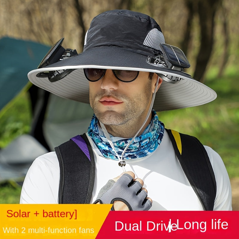 Outdoor Solar Multifan Fan Hat. In-Ward Detachable Dual Fan. Adjustable Three Wind Speed with USB Charging Interface. Suitable for Outdoor Leisure Fishing Hat. Fisherman Hat. Sunscreen Hat. Outdoor Sunshade Hat. Hiking Hat.