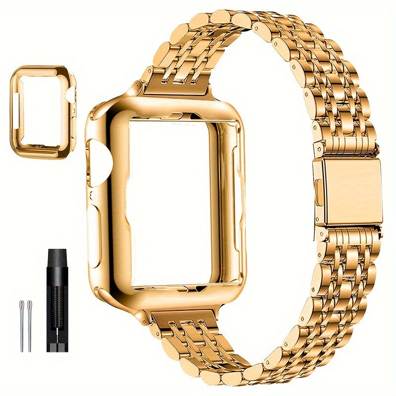 [Elegant Watch Band] Gold-Plated Stainless Steel 1pc Watch Band | Foldover Clasp and Protective Case for Apple Watch, Compatible with iWatch Series 1-9/SE/SE2, Elegant Women's Wristband Accessory