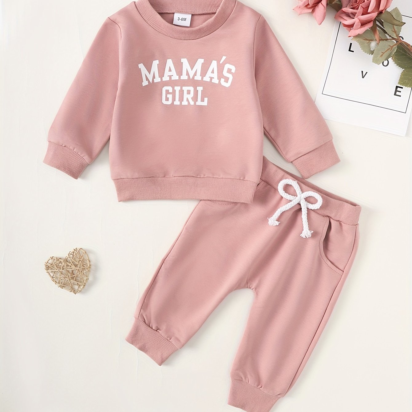 [Baby Girl Sweatshirt] 2pcs Baby Girl Letter Pattern Long Sleeve Sweatshirt | Solid Color Round Neck Trouser Suit, Outdoor Cloth