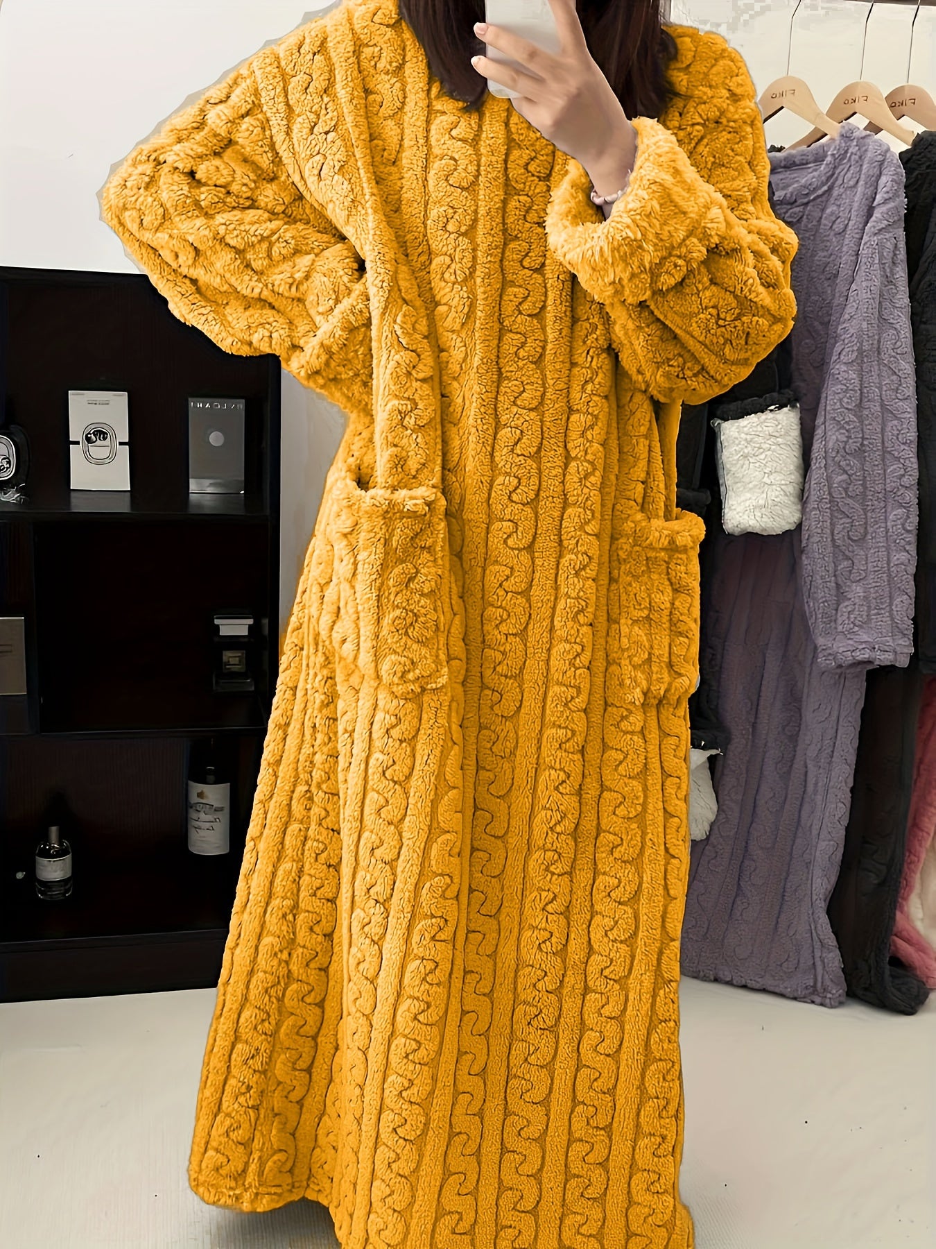[Warm Fleece Nightgown] Warm Fleece-Lined Women's Long Sleeve Nightgown | Soft Plush Red Round Neck Machine Washable Cozy Pregnancy Pajama Dress for Fall & Winter, Maternity Pajamas, Casual Homewear