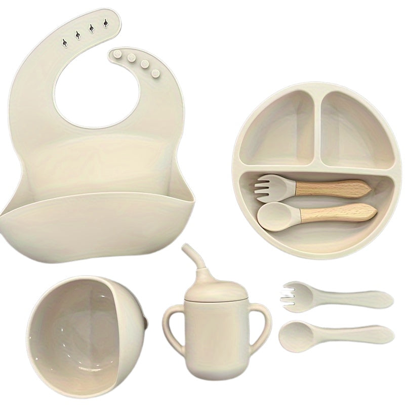 WHZWYK Silicone Baby Feeding Set - Microwave & Oven Safe - For 0-3 Years - Includes Suction Plate, Soft Bowl, Spoons, Forks, Adjustable Bib, Snack Cup - Self-Feeding Supplies