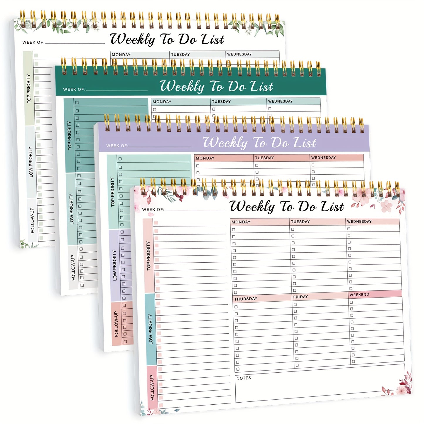 Weekly Planner Pad - Undated 52 Page Spiral or Glue Bound To-Do List, 8.5" x 11" Desk Task Planner for Work & Personal Organization