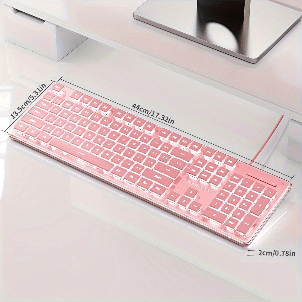 [Aesthetic Keyboard] EWEADN High Aesthetic Keyboard | 104 Keys All-Metal Panel Wired with Cozy keycaps, Mute button, and White Backlit USB - for Games and Office, Windows Laptop PC Pink