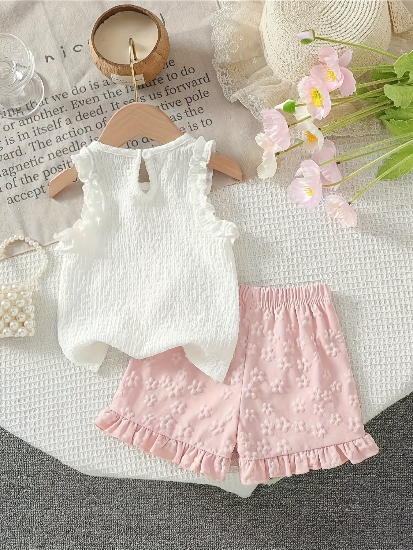 [2pcs Summer Set] 2pcs New Summer Cute Floral Lace Flower Tank Top and Shorts Set for Baby Girls P101596