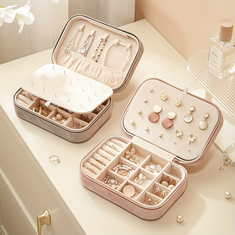 1pc Glam Style 3-Layer Velvet Jewelry Box with Zipper Closure - Multipurpose Rectangular Organizer with Necklace Hooks for Earrings, Necklaces, Rings, Watches, Hair Accessories - Ideal for Travel & Home Storage - Perfect for Christmas, New Year, Valentine