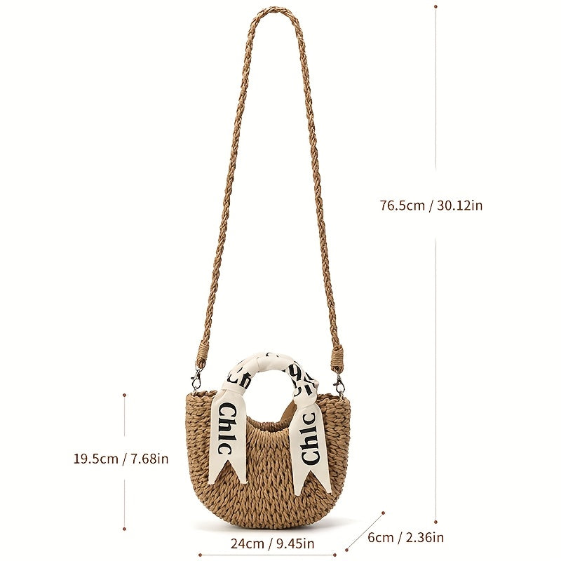 [Elegant Handbag] Elegant Straw Weaving Handbag | Simple and Stylish Women's Shoulder Bag Summer Beach Bag, Semi-Circular with Drawstring Closure, Casual Beach Tote