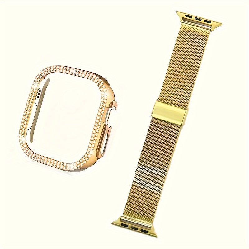 Dial Milan + Diamond Shell Golden Black Rose Golden Breathable Stainless Steel Braided Mesh Metal Strap Adjustable Suitable for iWatch series se s9 8 7 6 5 4 3 2 1 Series 2pcs Combination High-end Luxury Anti-collision Anti-scratch PC Hard Material Inlaid