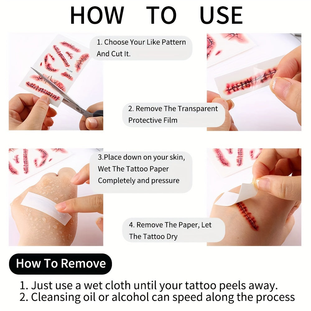 24 Sheets Halloween 3D Fake Scar Temporary Tattoos for Adults - Realistic Bloody Wound Designs for Face & Body, Perfect for Horror Cosplay, Masquerade Party, and Prank Makeup, Party Body Art | Graphic Tattoos | Detailed Tattoo Designs