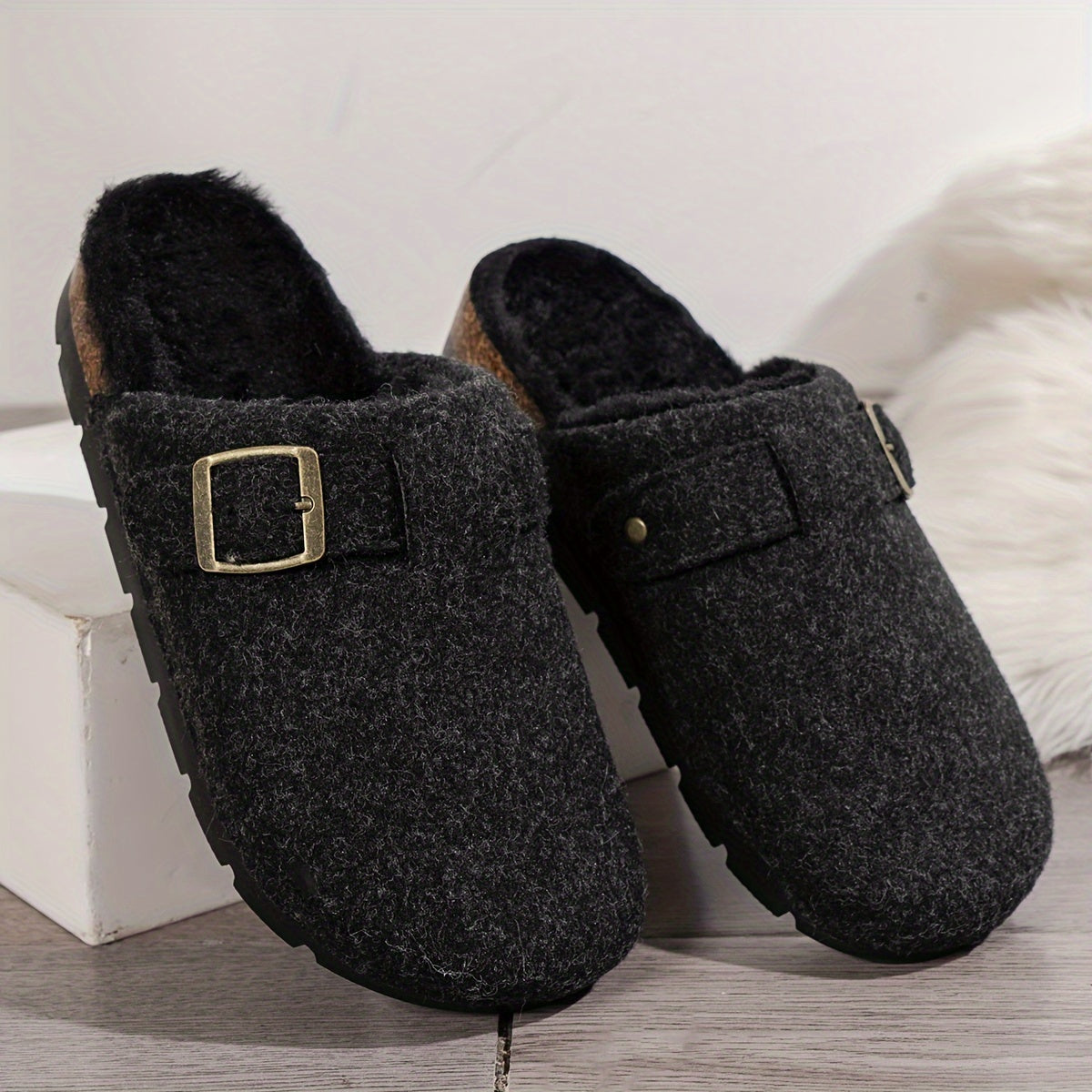 [Comfortable Fleece Slippers] Warm Fleece-Lined Slippers | Autumn and Winter Women's Fashion Casual Comfortable, Slip-on Thick Sole Half-Covered Heel Slides