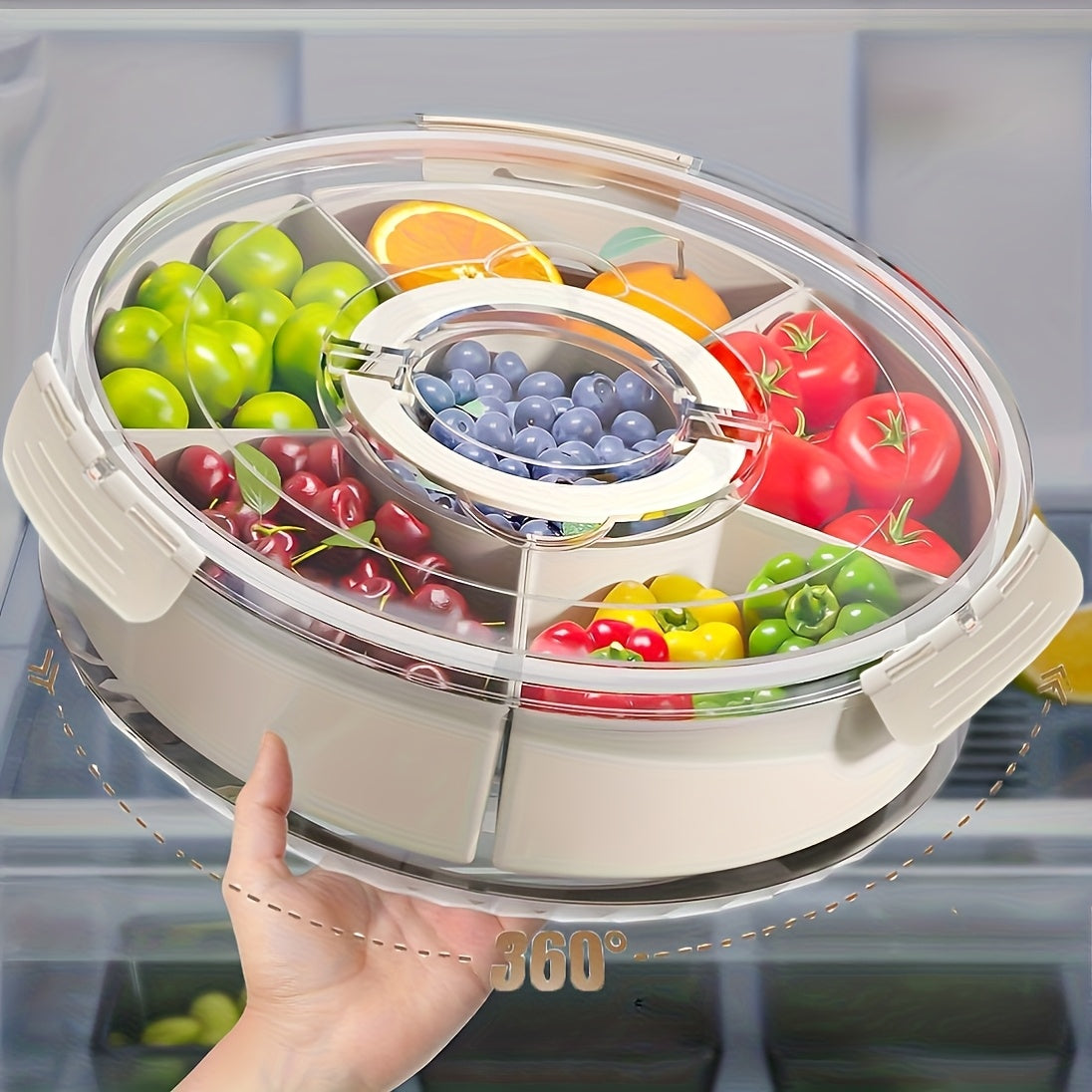 1pc HOOFUN Rotating Fruit and Vegetable Tray with Lid and Handle - Durable Plastic, Multi-Compartment Organizer for Kitchen Storage, Ideal for Snacks and Produce Display, Kitchen Organizers And Storage