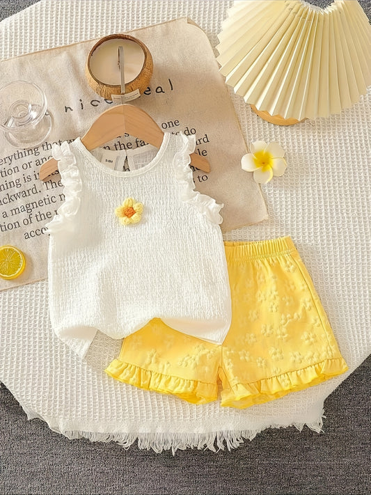 [2pcs Summer Set] 2pcs New Summer Cute Floral Lace Flower Tank Top and Shorts Set for Baby Girls P101596