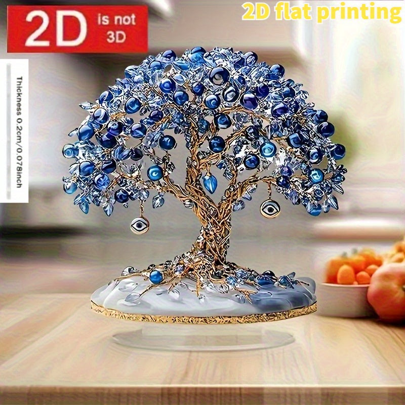 2D Flat, Elegant Turkish Evil Eye Tree Acrylic Desktop Decoration - Blue and Clear Beads, Golden Leaves, Eye Charm Design, No Electricity Required, Suitable for Home, Party, Window Display & Gift Giving, 2D Flat