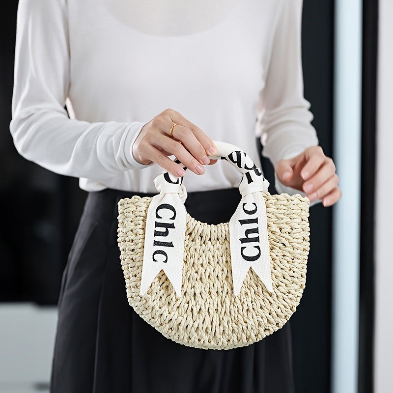 [Elegant Handbag] Elegant Straw Weaving Handbag | Simple and Stylish Women's Shoulder Bag Summer Beach Bag, Semi-Circular with Drawstring Closure, Casual Beach Tote