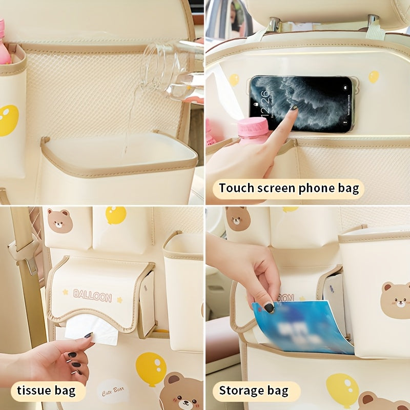 1 Cute Faux Leather Car Seat Backrest Organizer with Touch Screen Controlled Multifunctional Storage Protection Pad, Ideal for Travel And Storage