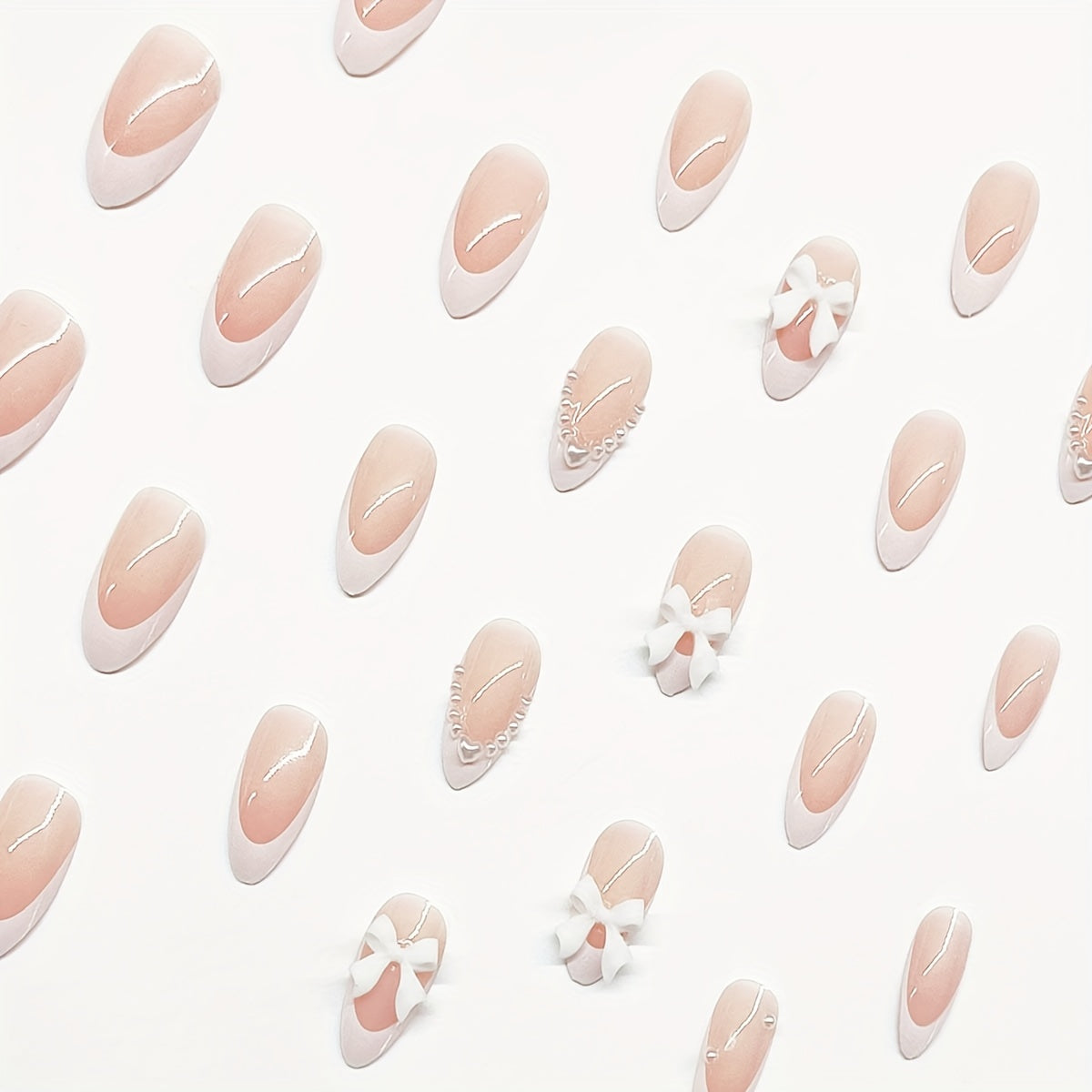 [24PCS Pearl Press-On Nails] 24 Pieces Elegant Pearl and Heart Bow Press-On Nails | Short Almond Shape, Mixed Color, Glossy Finish for Women and Girls